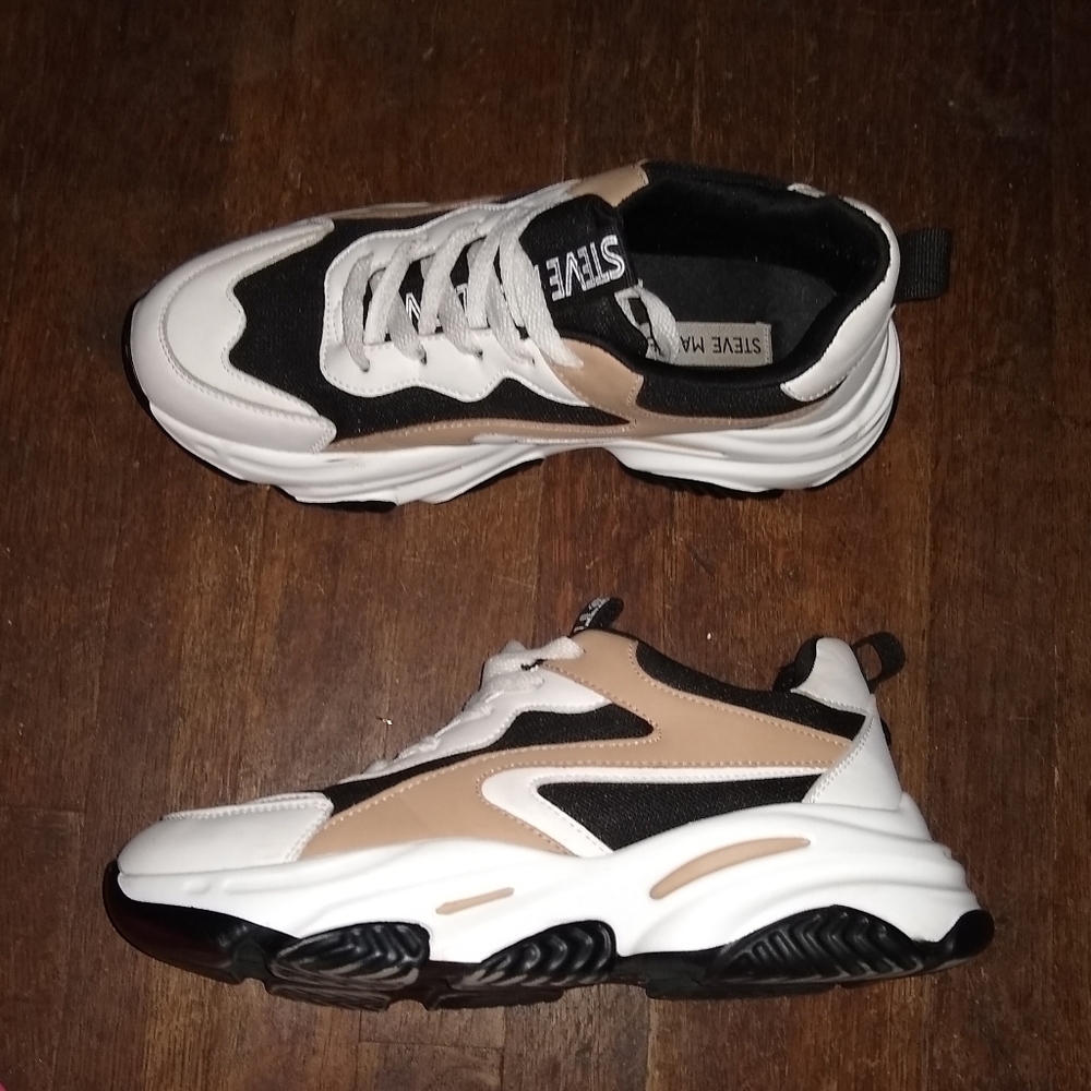 Steve Madden Zabb Posession Black White Tan Women Platform Fashion Sneakers 8.5